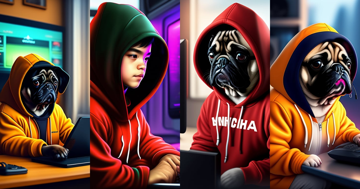 Lexica - A pug gamer in a hoodie, sitting by a gaming computer. Playing ...