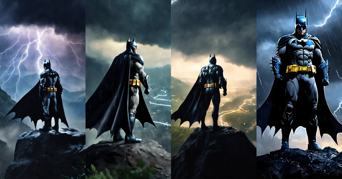 Lexica - Batman is standing on a mountain. The weather is raining ...