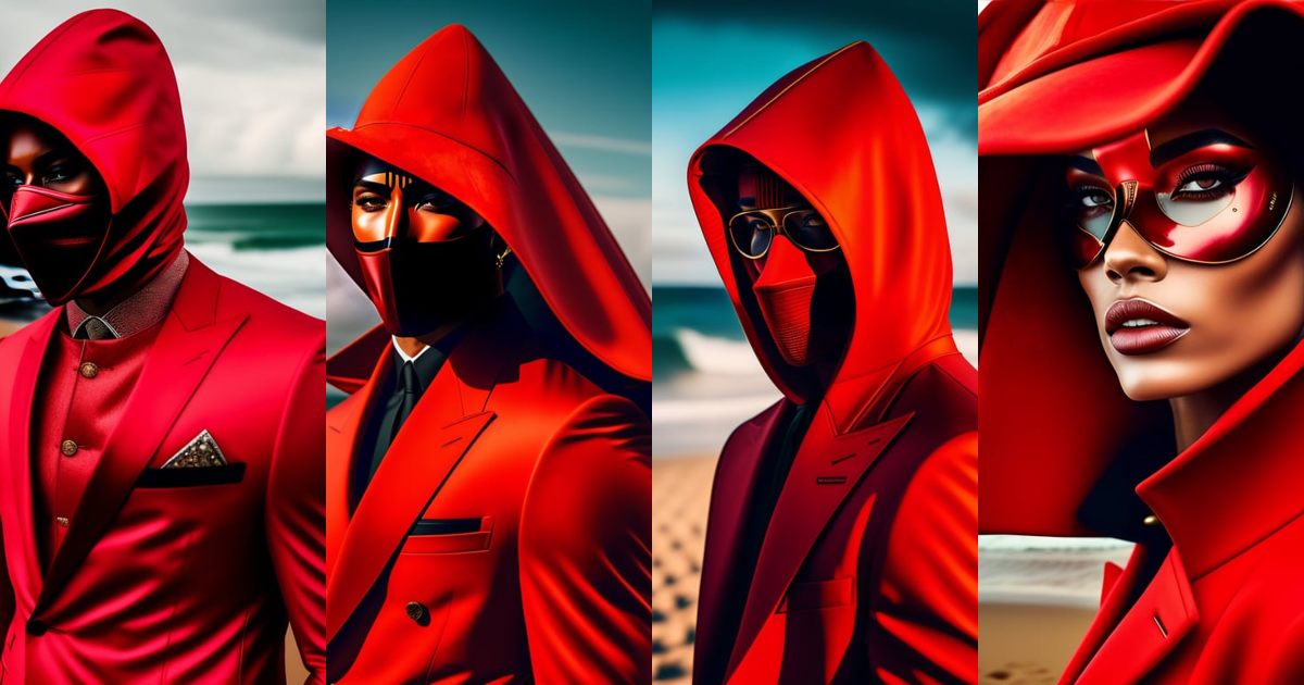 Lexica - Masked figures in red angular suitwear, on rainy British beach ...