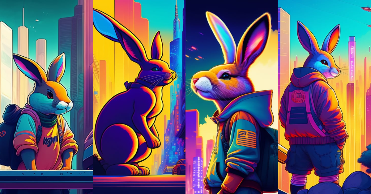Lexica - Photo of of a huge breakdancing rabbit in a fusion cityscape ...