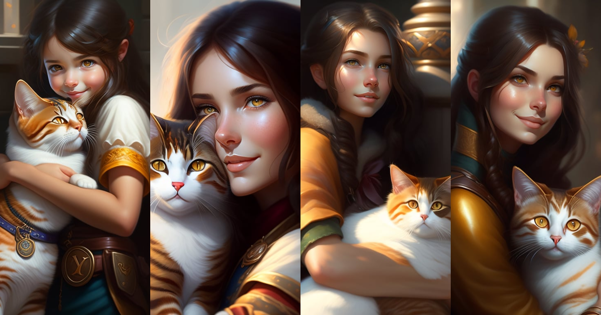 Lexica - A detailed portrait of a cute brunette girl hugging a tabby ...