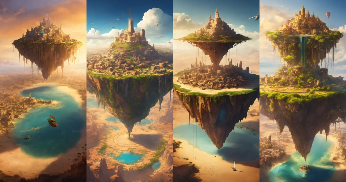 Lexica - A flying island with a city on top in the middle of the desert ...