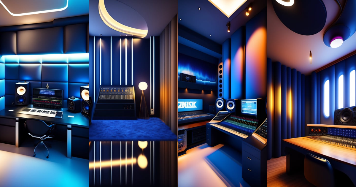 Lexica - Futuristic homey cozy recording studio dark blue interior design