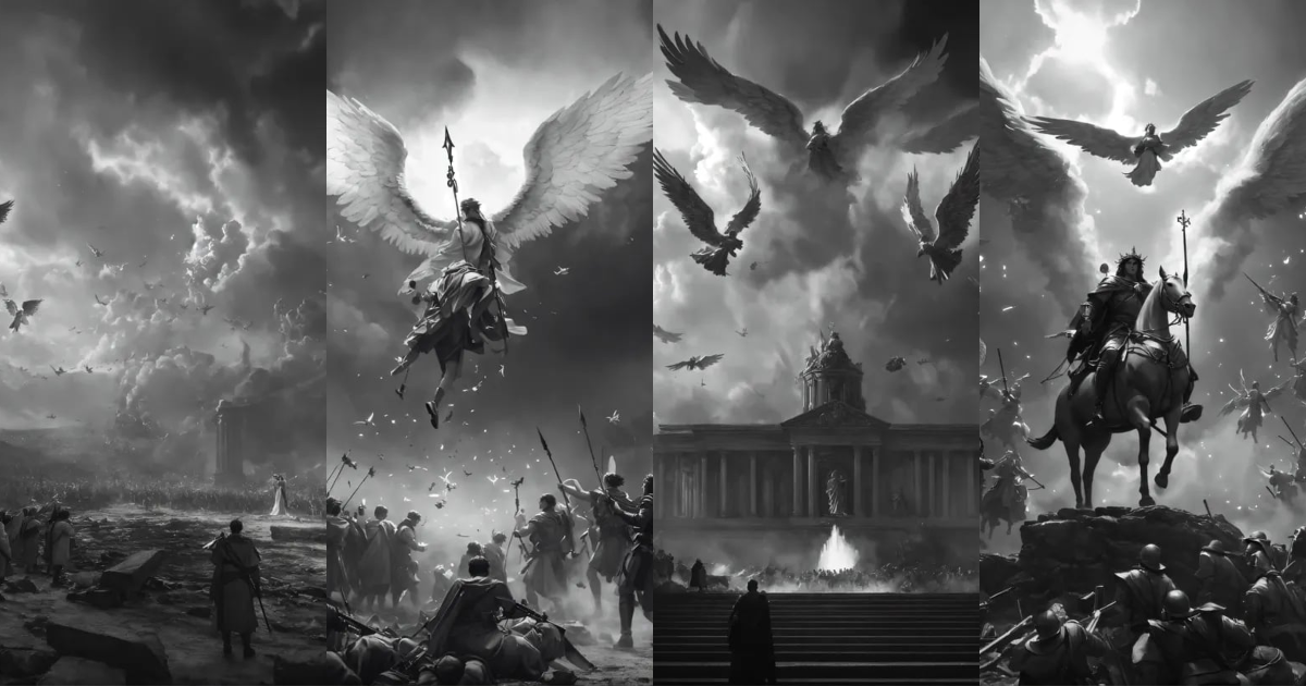 Lexica - A classical painting of the angels in heaven at war while man ...