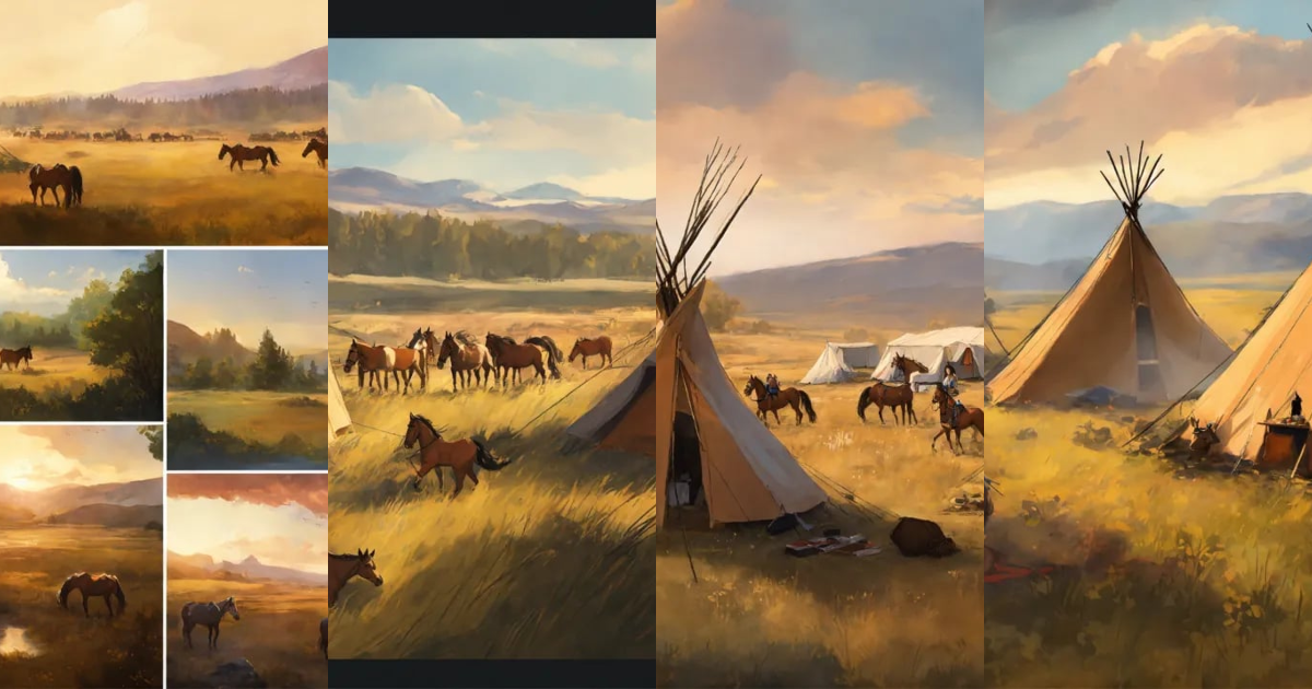 Lexica - Concept art of Native American lands with tents in the meadow
