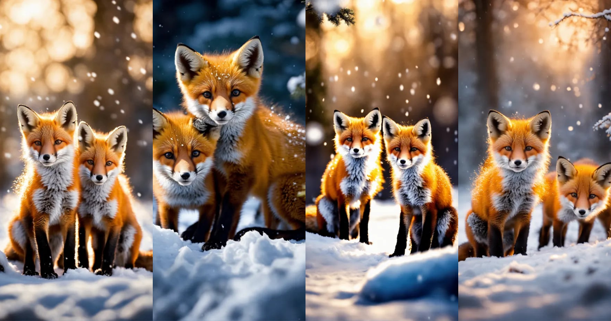 Lexica - Beautiful fox cubs playing in the snow in the moon light in a ...
