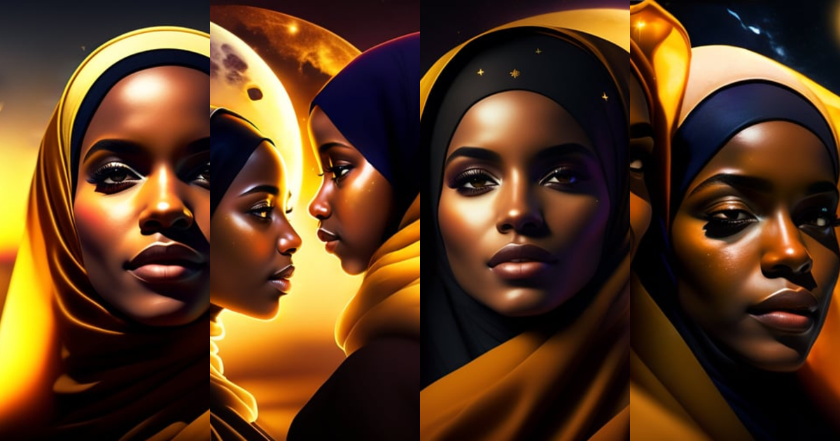 Lexica - Black muslima with golden hijab looks at the crescent moon in ...