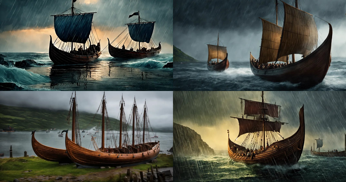 Lexica - Generates an image showing 12 Viking ships setting sail in ...