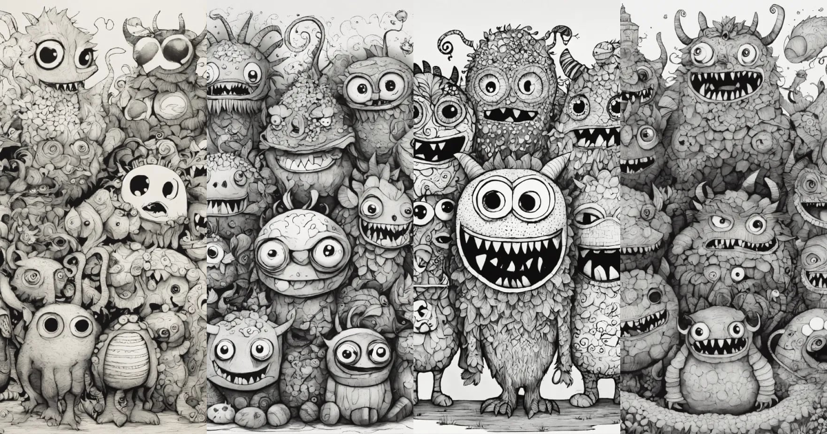 Lexica - Doodle funny kind and funny 5 monsters ink black and white