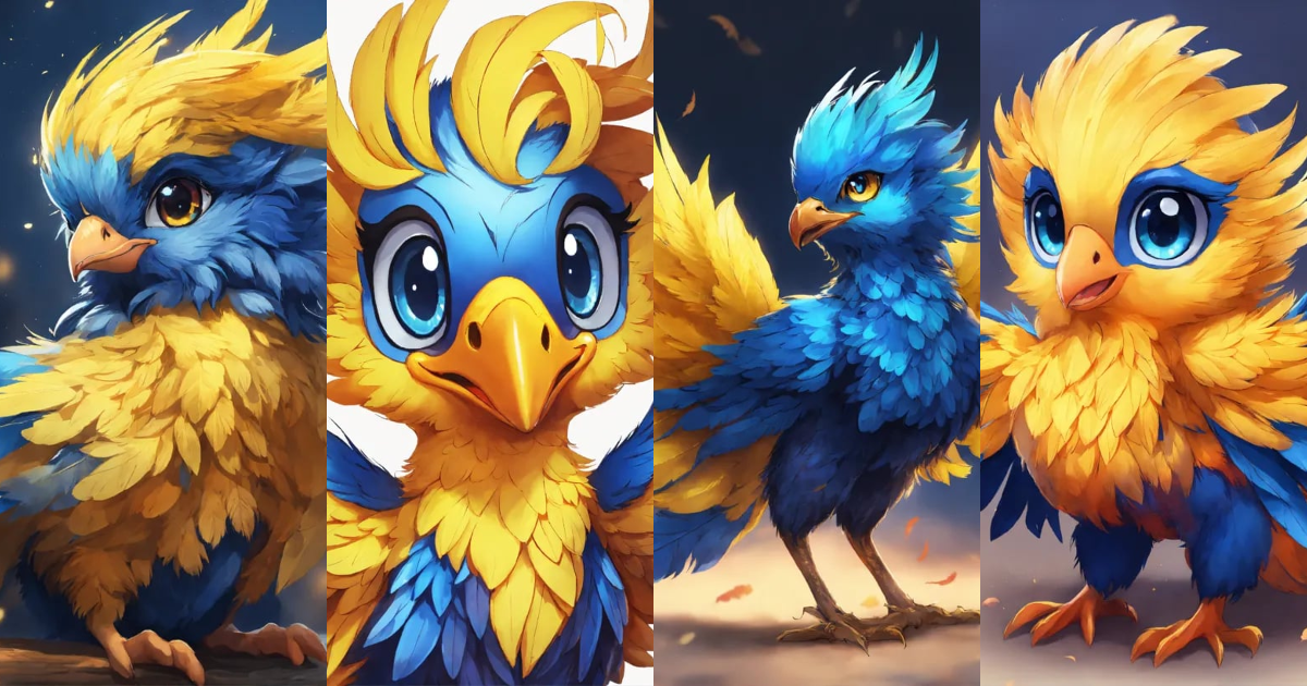 Lexica - A cute baby pheonix, blue and yellow feathers, 8k, anime ...