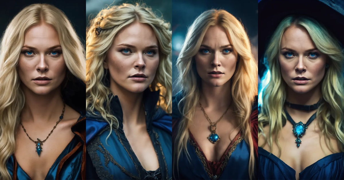 Lexica - A blonde with blue eyes women wears witch clothes and cloak ...