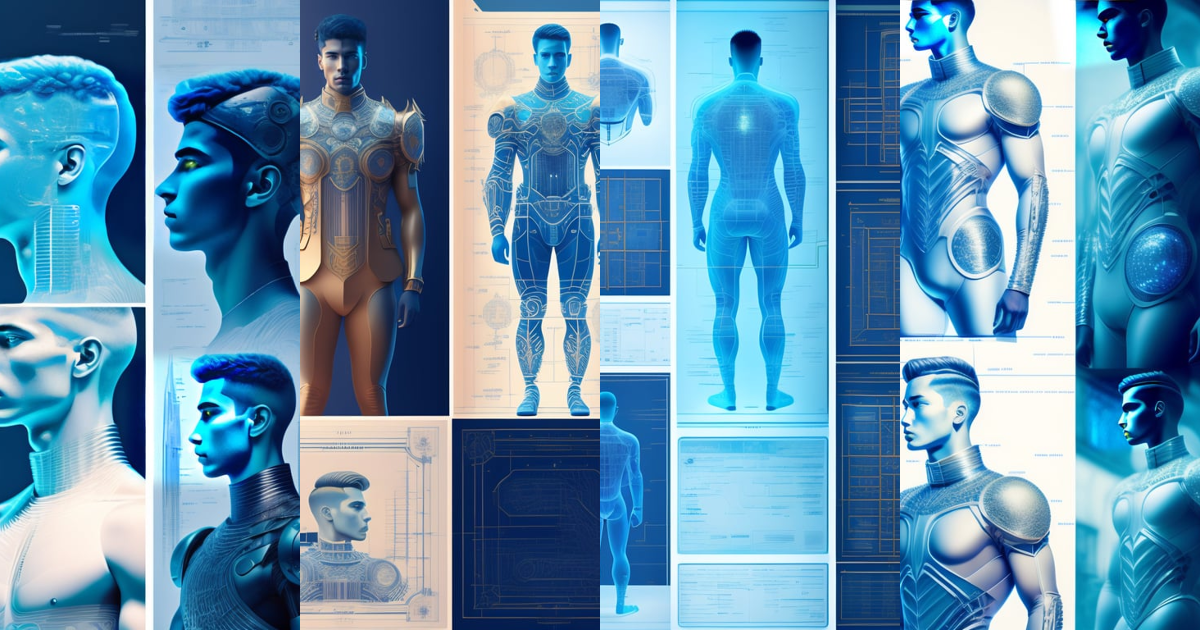 Lexica - Detailed schematics of a young male cyborg, Venetian man ...
