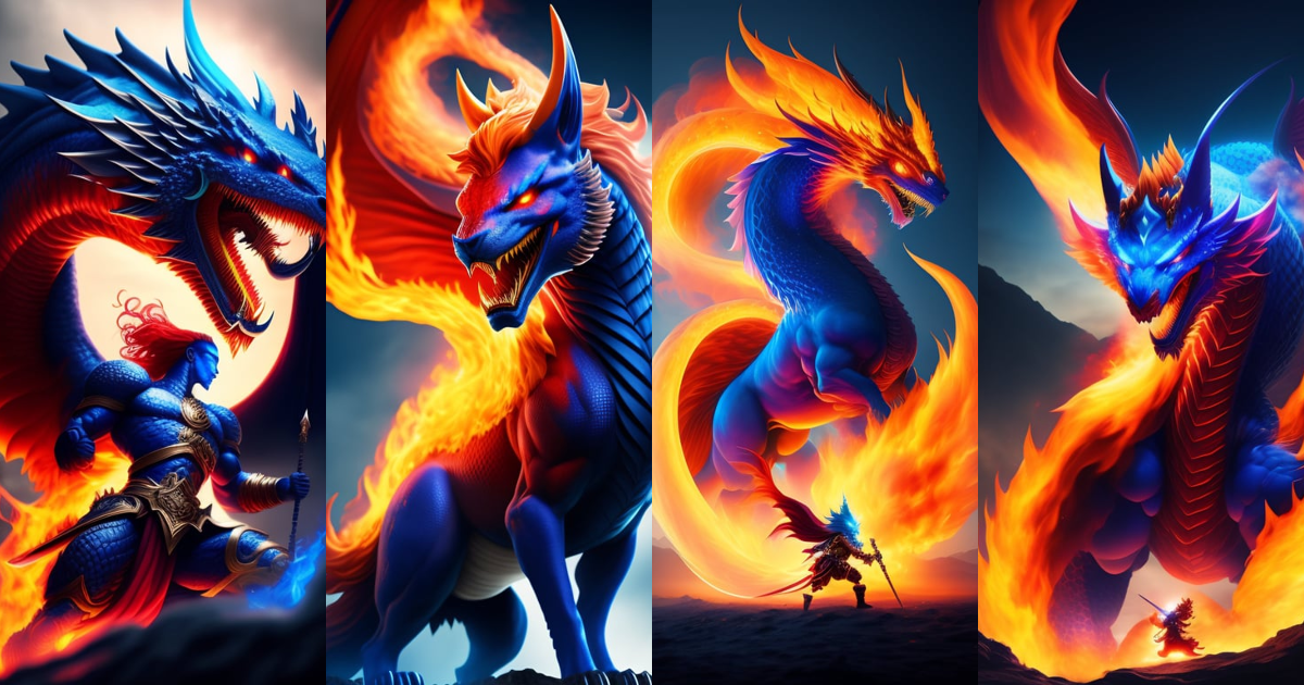 Lexica - Fiery titan fighting a blue dragon highly epic