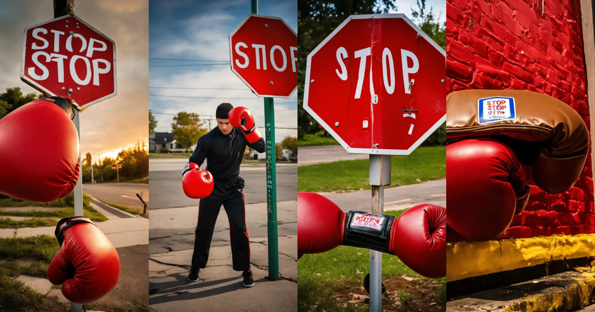 Lexica - Punching a stop sign with boxing gloves.