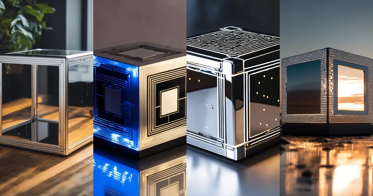 Lexica - Create a minimalistic reflective tech cube in metallic silver.