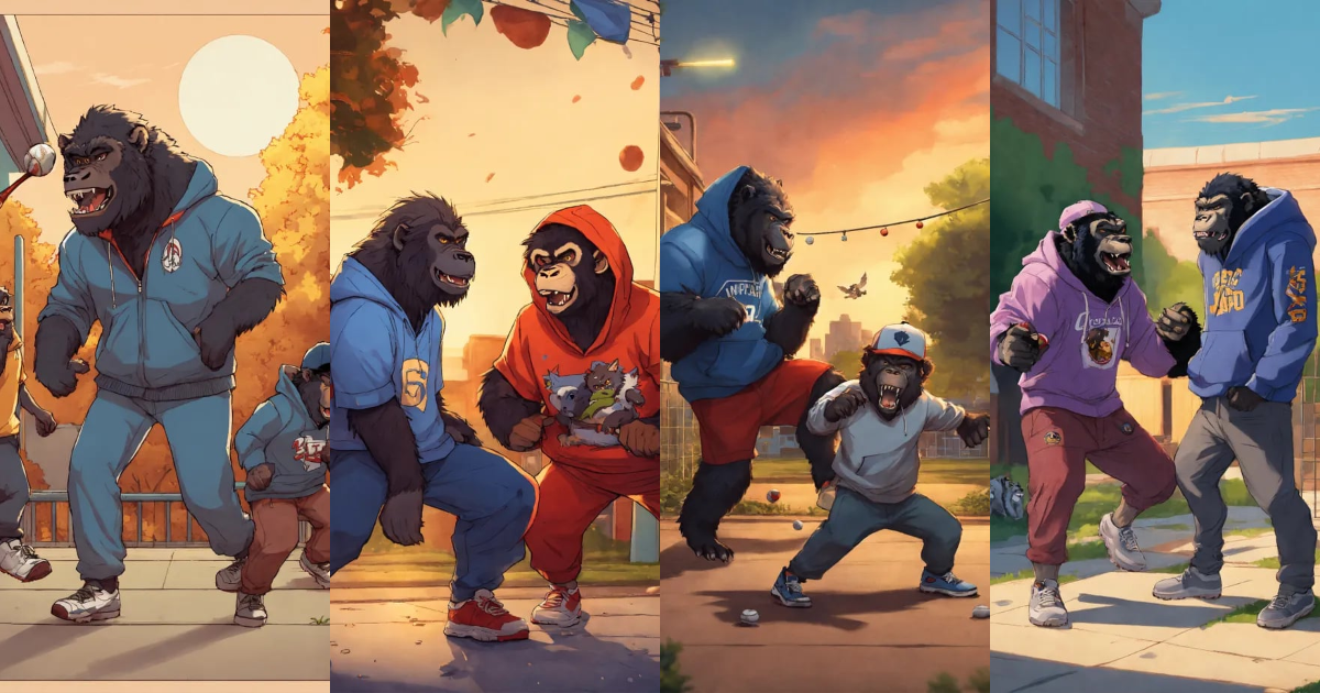 Lexica - Werewolf and gorilla wearing hoodies and baseball caps playing ...