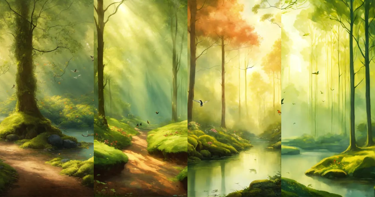 Lexica - A tranquil forest landscape with gentle rays of sunlight ...