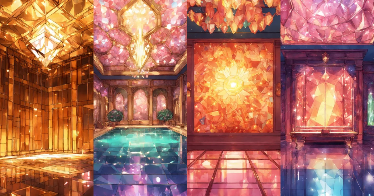 Lexica - Shiny crystal room, neural textures, 2D manga anime style.