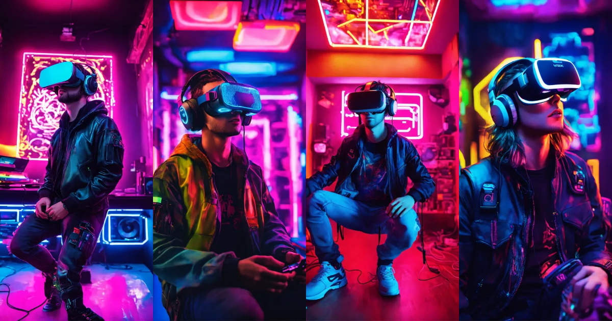 Lexica - A cyberpunk gamer wearing vr headset floating out of gaming ...