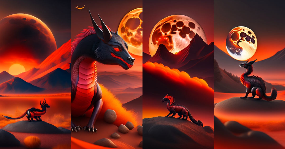 Lexica - Cute black red dragon on the orange moon landscape photo real ...