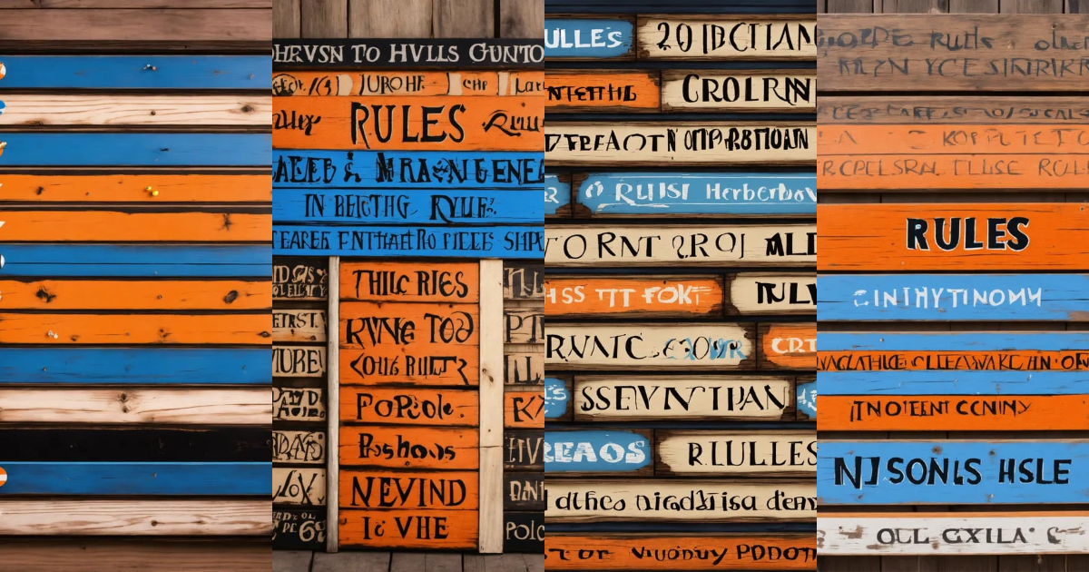Lexica - Wooden sign with rules cartoon style, color blue-white, orange ...
