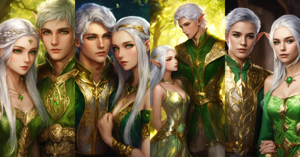 Lexica Fantasy Boy And Girl Elf Gold Skin Green Eyes Silver Hair