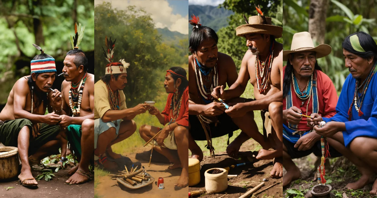 Lexica - Indigenous men sharing snuff, tepi pipe