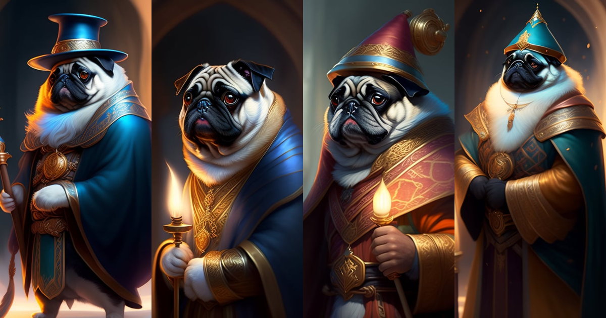 Lexica - A detailed portrait of wizard pug in robe with long magic ...