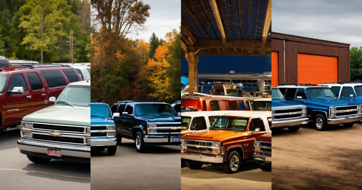 Lexica - All 12 generations of chevrolet suburban parked in a line