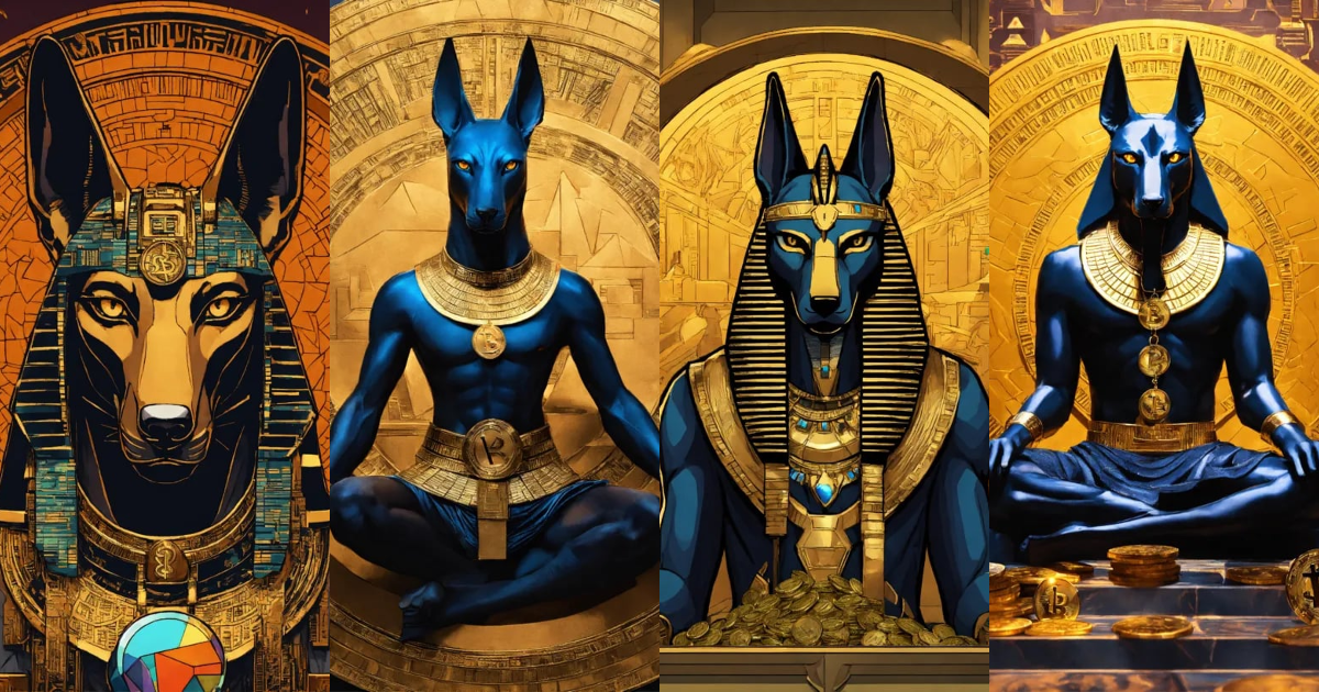Lexica - Anubis, surrounded by cryptocurrency