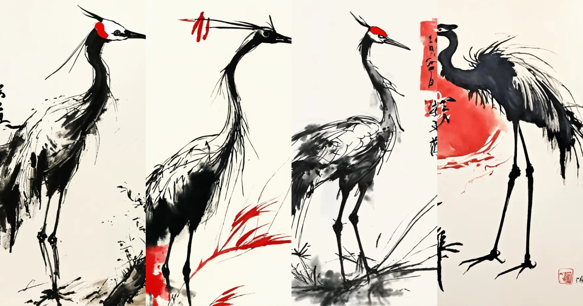Lexica - Shuǐmò huà, 水墨画, black and red ink, a crane in chinese style ...
