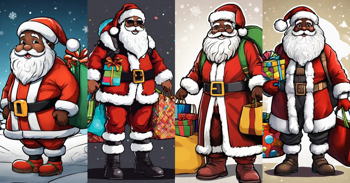 Lexica - Cartoon style, black white mixed Santa clause, full body, with ...