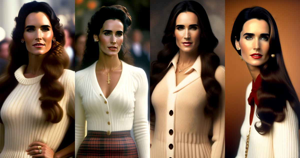 Lexica - Full length photo of jennifer connelly, age 20, with short plaid  dress and a white sweater in the style of stefan kostic, with a dark tan,  f