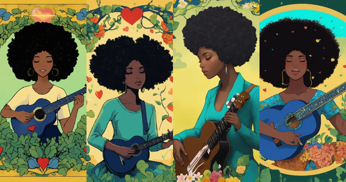 Lexica - A black female musician with an afro with heart flowers in her ...