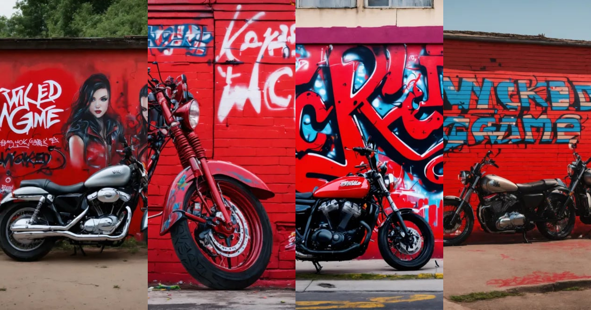 Lexica - A graffiti saying wicked game in red with motorcycles and girls