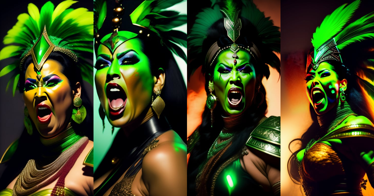 Lexica - Yma Sumac screaming with angry face and a green laser coming ...