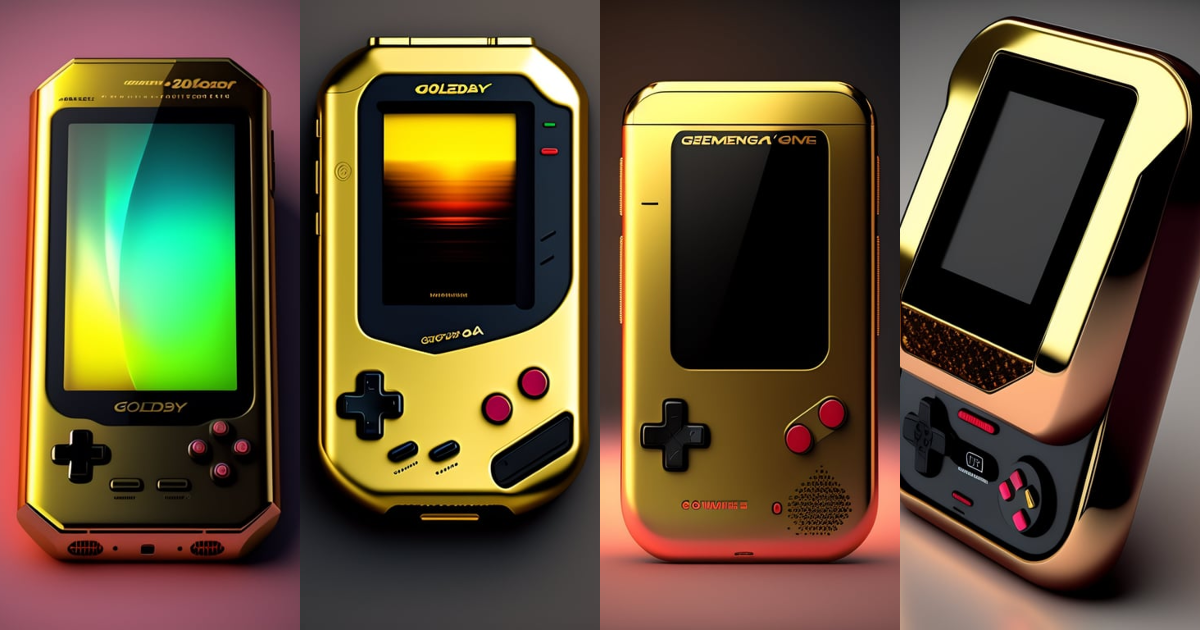 Lexica - Golden game boy phone futuristic, big screen, touchscreen, ruby,