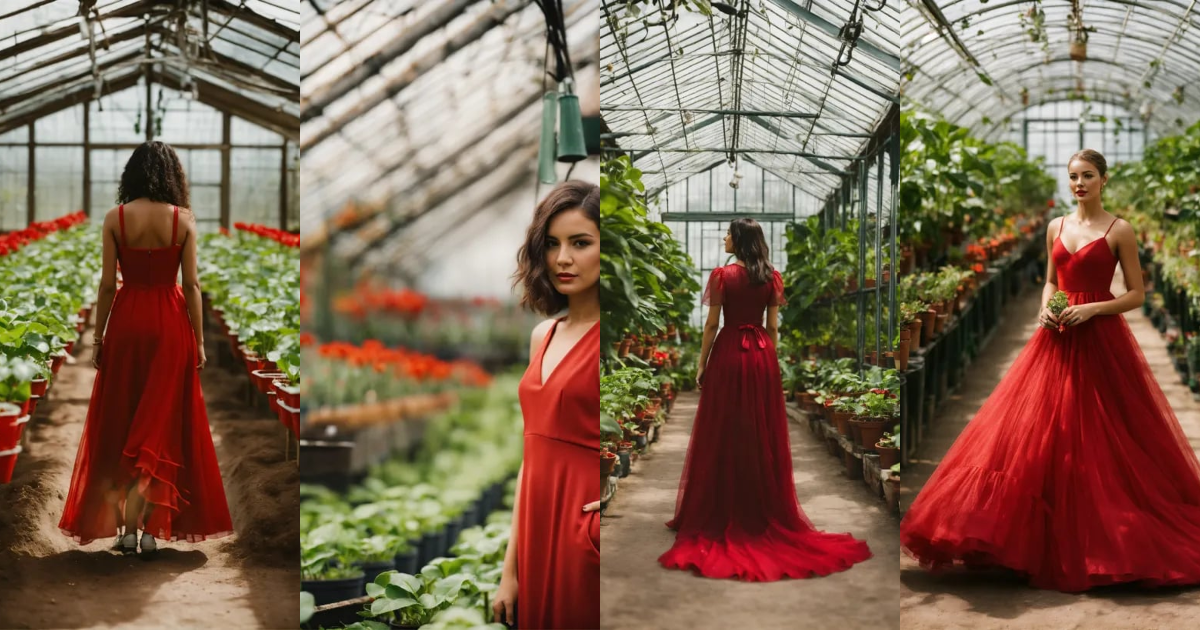 Lexica - A woman wearing a red dress in a greenhouse