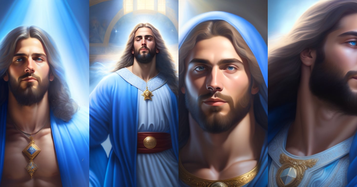 Lexica - Hyperrealistic painting of Jesus in a blue robe, with rays of ...