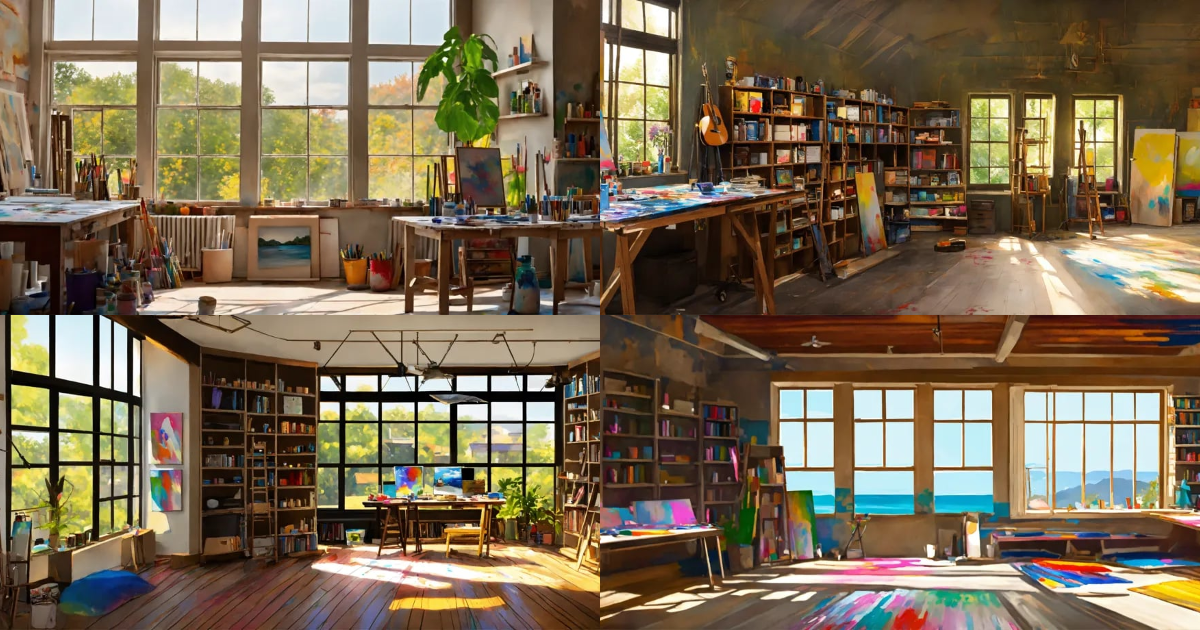 Lexica - Concept art of an art studio, paintings on a canvas, stacked ...