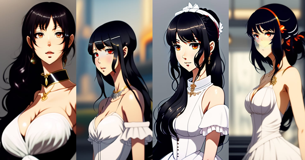 Lexica - Anime style, woman standing facing away from camera, black hair,  wearing a white dress