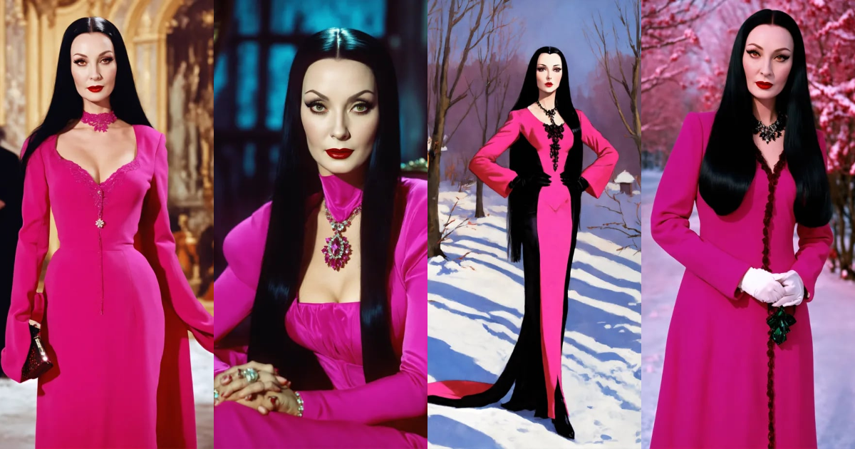 Lexica - Morticia Addams in Russian winter, wearing bright pink