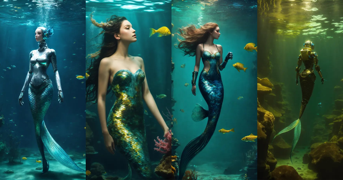 Lexica - A robot mermaid in the bottom of the sea, dark light , whit a ...