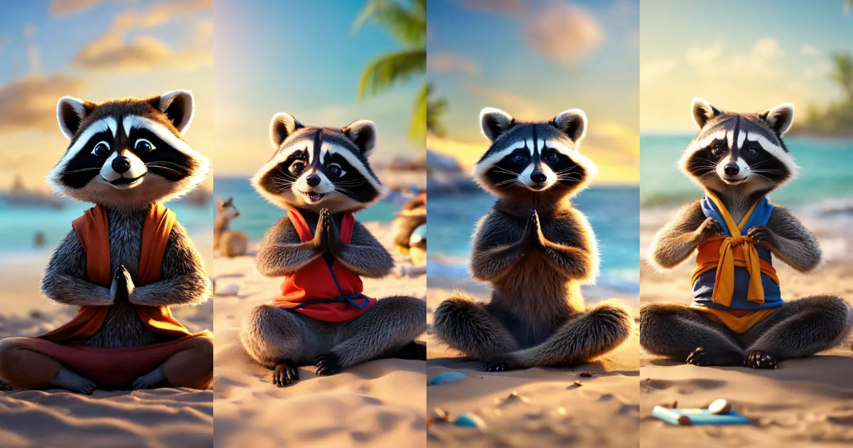 Lexica - Mischievous raccoon doing yoga at the beach, Maya render, 8k ...