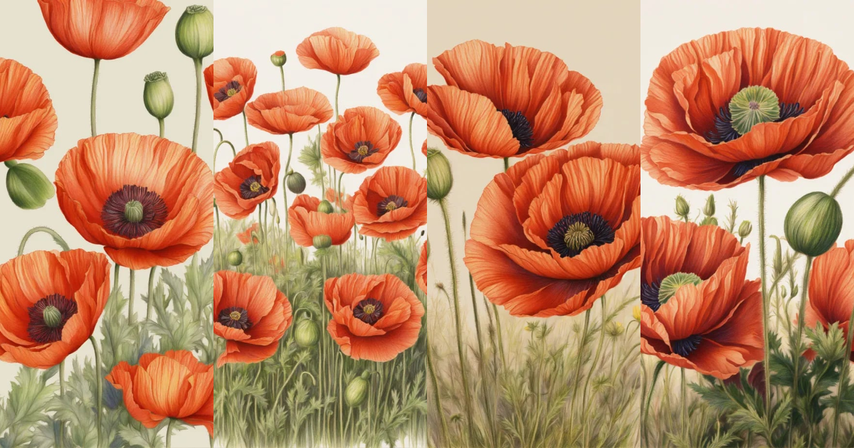 Lexica - Poppies, excellent, vintage style detailed colored pencil ...