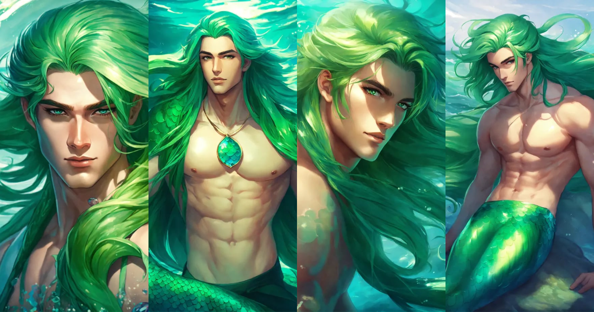 Lexica - Handsome merman with long green hair and mermaid tail, art by ...