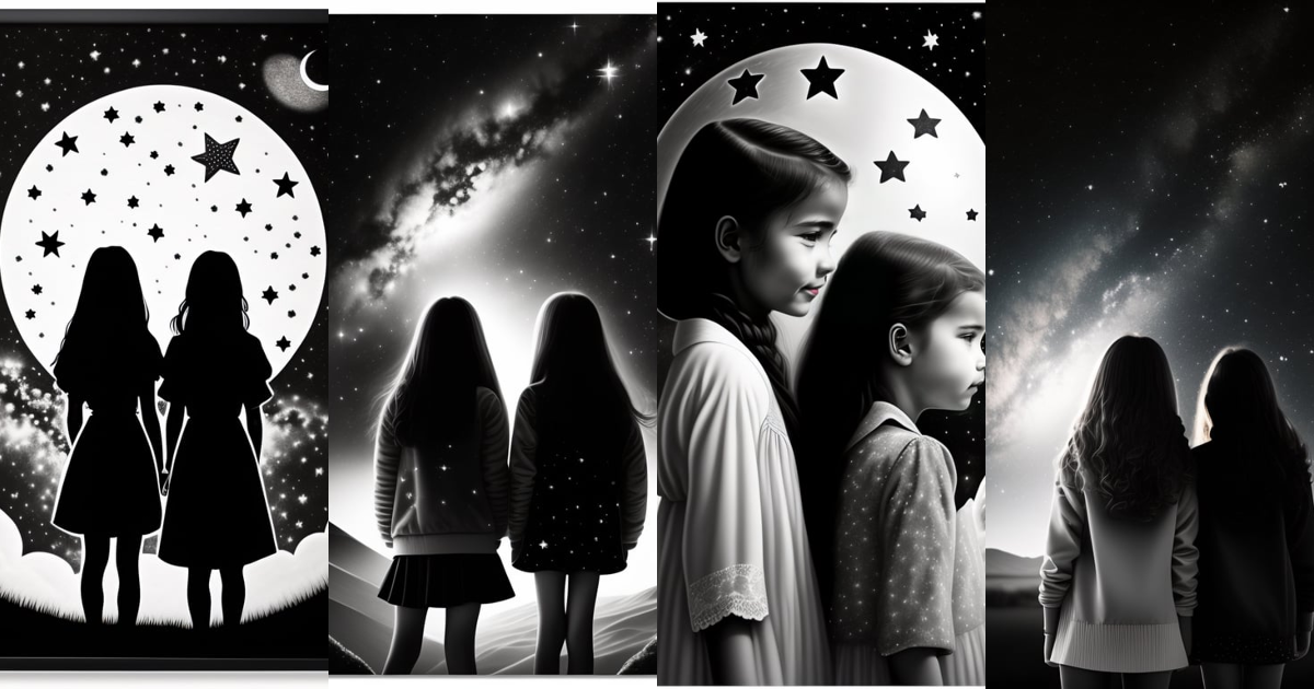 Lexica - Two girls look at the stars, black and white, logo,