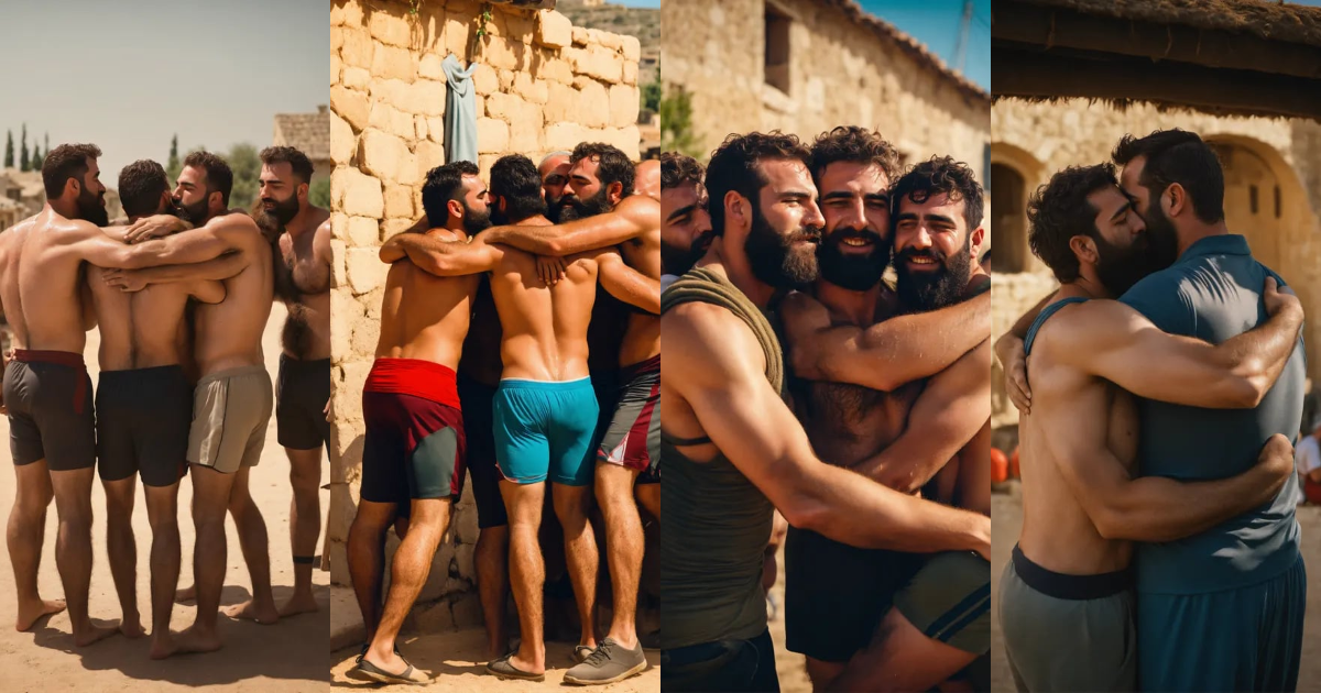 Lexica - A 4K cinematic scene of a group of 4 hairy sweaty athletic ...