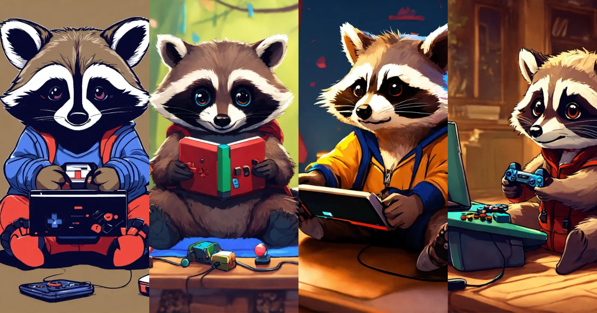 Lexica - A cute Raccoon playing video games