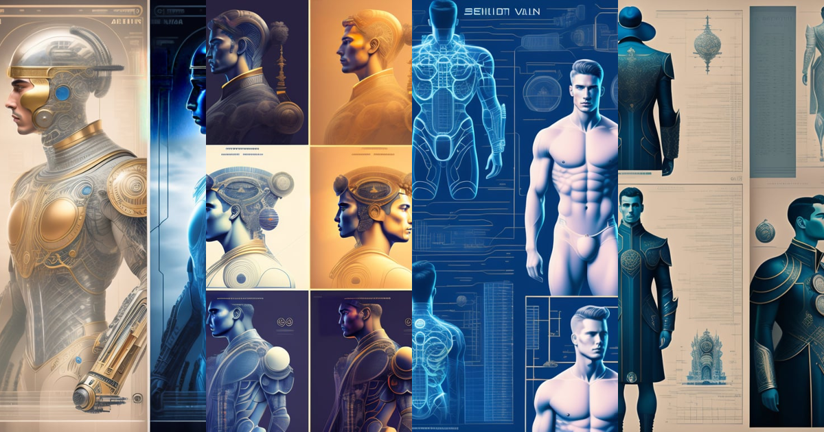 Lexica - Detailed schematics of a male cyborg, Venetian man, blueprints ...